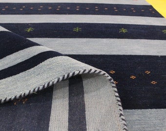 Hand-Knotted Gabbeh Wool Area Rug: Black & Light Grey Textured Design