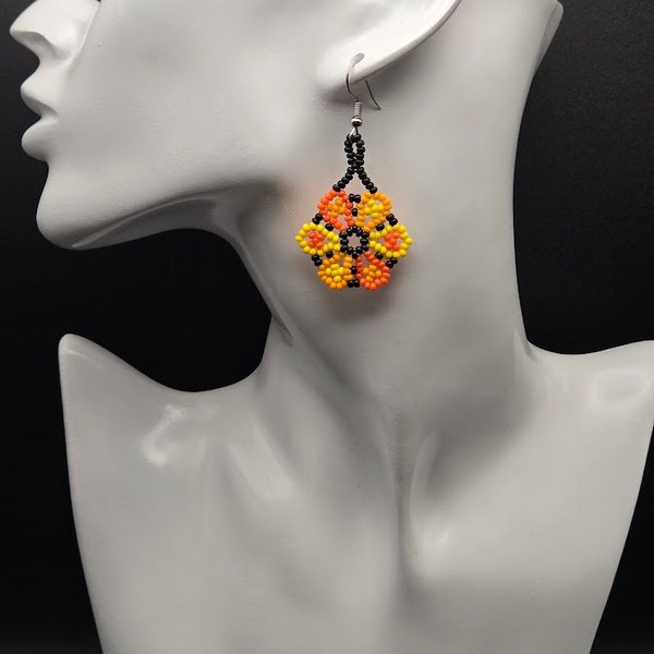 Beautiful Beaded Flower Earrings, Chaquira Statement Jewelry, Handmade Huichol Earrings,