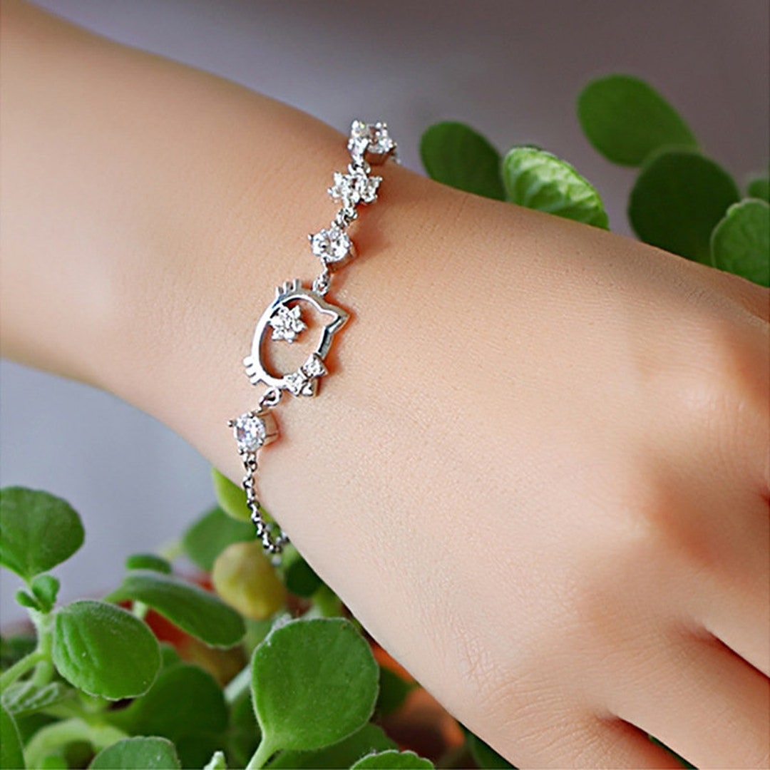 Fashion 925 Sterling Silver Hello Kitty Snowflake Bracelet Cartoon Kitty Crystal Zirconia Hand Chain