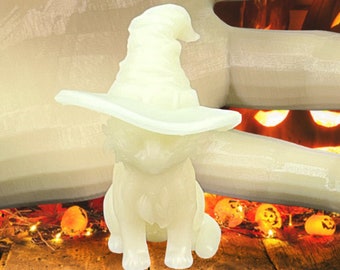 Glow-in-the-Dark Radiant Cat in Mystical Witch Hat - Enchanting Whimsy for Your Home