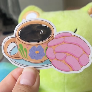 Cafecito and Concha Sticker, Mexican Sticker, Pan Dulce con cafe, Water Bottle Sticker, Aesthetic Sticker, pink concha, Mexican Food sticker