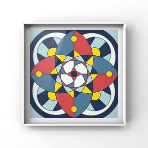 May include: A framed geometric art print featuring a symmetrical design. The artwork showcases a central starburst pattern in white and red, surrounded by blue, red, and yellow petal-like shapes. The background is a deep navy blue.