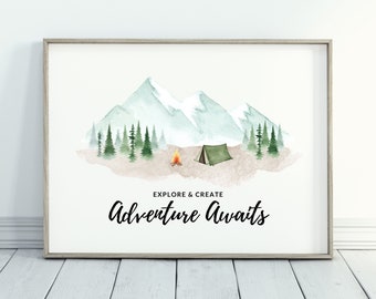 May include: Watercolor illustration of a mountain range with a green tent, a campfire, and trees. The text "Explore & Create Adventure Awaits" is below the image.