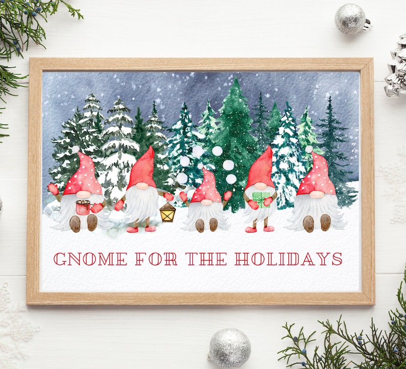 Christmas Gnome Wall Art Printable, Gnome for the Holidays, Watercolor