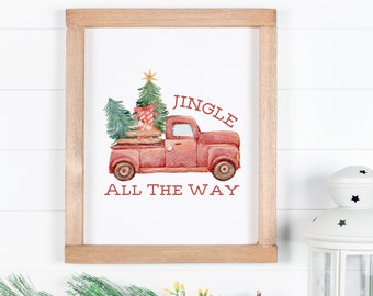 May include: A red vintage pickup truck with a Christmas tree and presents in the bed. The truck is driving on a white background with the text "Jingle All The Way".