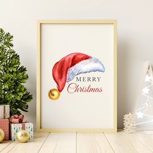 Christmas Wall Art, Holiday Decor, Christmas Prints, Santa Claus Christmas Decor, Christmas Digital Download, Red Santa Hat, Merry Christmas