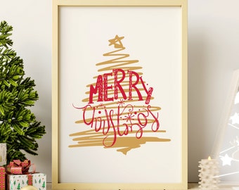 Gold Christmas Tree Wall Art Printable, Merry Christmas Printable, Christmas Printable, Contemporary Christmas, Printable Wall Art