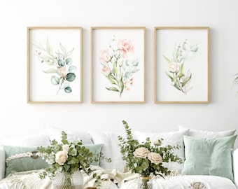 Juego de láminas florales en acuarela, arte mural de rosas rosas (descarga digital)