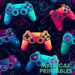 May include: A seamless pattern featuring colorful video game controllers on a dark blue background with neon pink and blue lines. The controllers are in various colors, including blue, red, orange, and green.