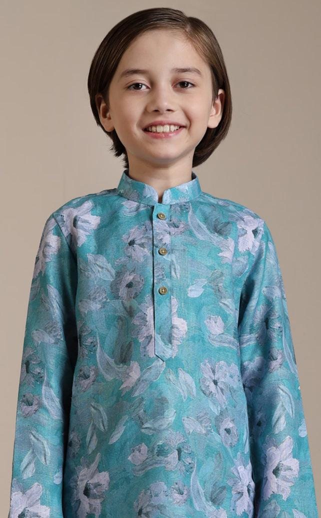 Boys Turquoise Floral Printed Kurta SetManyavar Kurta Pajama
