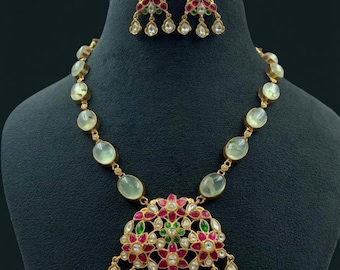 Jadau Pendant Necklace | Indian Stone Jewelry with Earrings