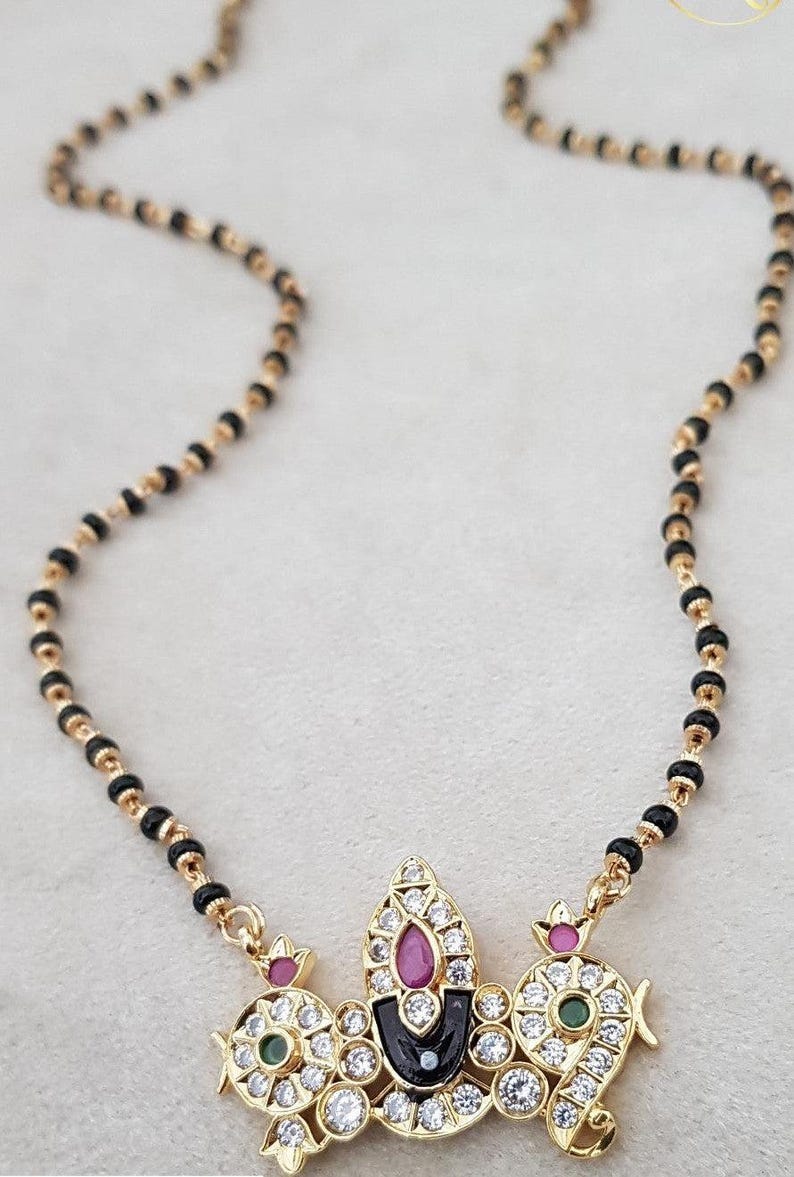 AD Balaji Pendant Mangalsutra | Black Beads Necklace | Traditional Mangalasutra image 2