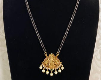 Antique Lakshmi Pendant Mangalasutra | Traditional Temple Black Beds Necklace