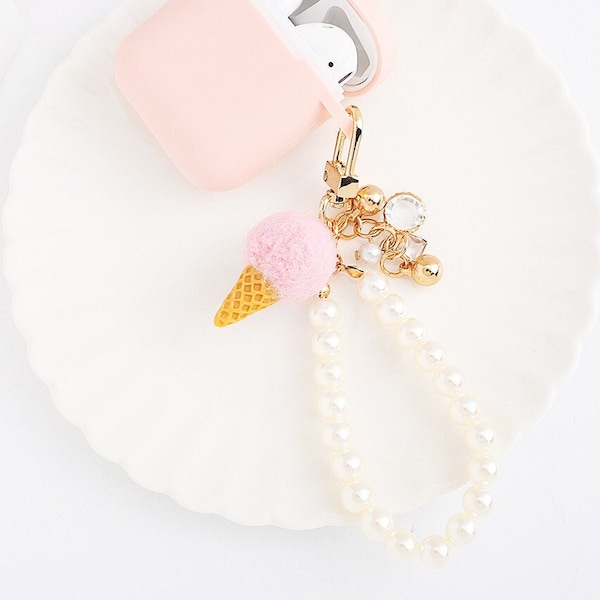 Ice Cream Felt Pearl Strap KeyChain, Keychain Accessories, Airpods Pearl Chain, Charm for Airpods, Keychain For Car