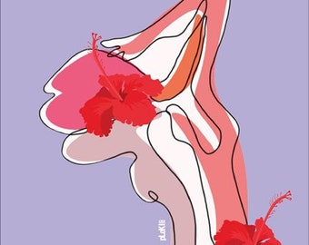 May include: Abstract illustration on a lavender background featuring a stylized figure with red hibiscus flowers. The word "freedom" is written in red script at the bottom. The figure is outlined in black.