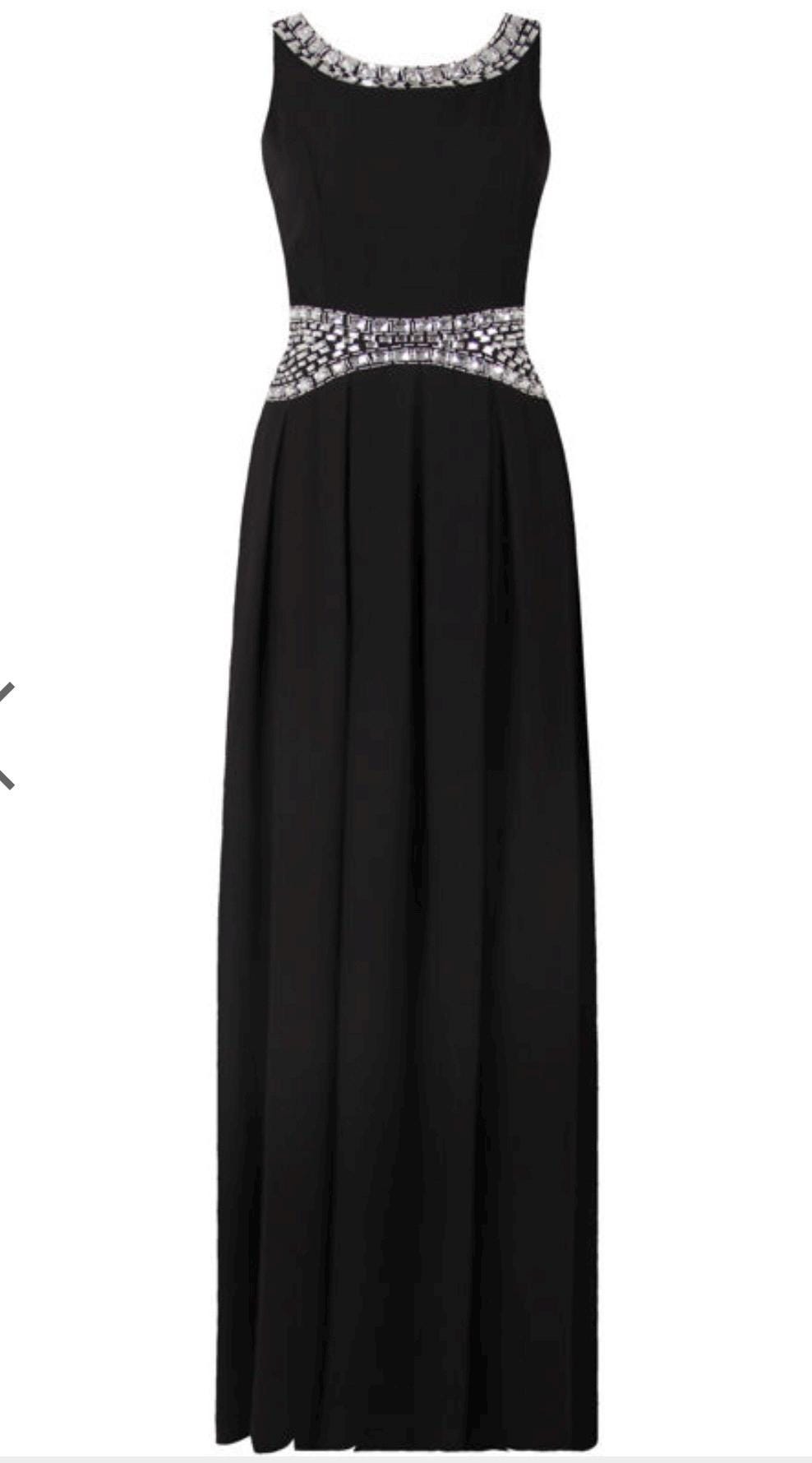 STONE-EMBELLISHED CUT-OUT NECK BELTED MAXI DRESS – BLACK
