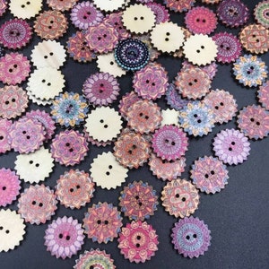 5 Wood Gear Shaped Vintage Mandala Buttons For Girls Knitting Crochet Sewing