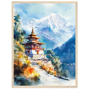 May include: Watercolor painting of a white temple with a red roof and gold trim, set against a backdrop of snow-capped mountains and a lush green forest. The temple is surrounded by prayer flags.