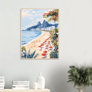 May include: A painting of a beach scene with red umbrellas and people on the sand. The beach is lined with buildings and palm trees. The mountains are in the background.