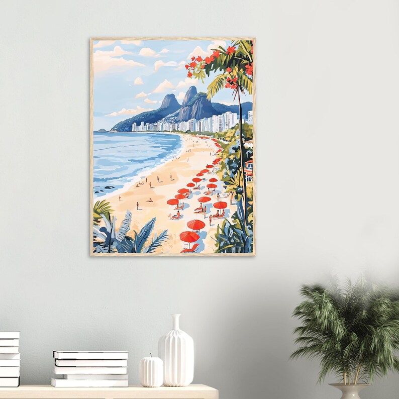 May include: A painting of a beach scene with red umbrellas and people on the sand. The beach is lined with buildings and palm trees. The mountains are in the background.