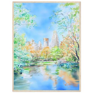 Central Park Watercolor Painting New York City Wall Art Print  Autumn Foliage and Cityscape Serene Urban Scene by NataliaAyuArt