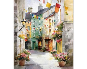 May include: Watercolor painting of a European street scene. Colorful buildings line a cobblestone street, adorned with flower pots and hanging flags. A vintage street lamp and potted flowers add to the charm of this picturesque town.