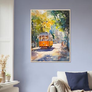 May include: A watercolor painting of a yellow streetcar traveling down a street lined with trees. The streetcar is full of passengers and is moving through a sunny, urban setting.