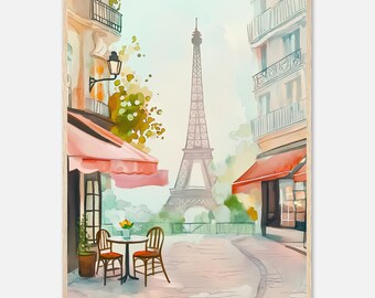 Paris Café Watercolor Print: Eiffel Tower, Parisian Wall Art