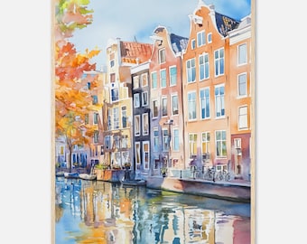 Amsterdam Canal Watercolor Print: Autumn Cityscape, Netherlands Wall Art