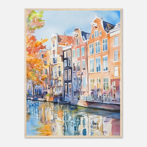 Amsterdam Canal Watercolor Print: Autumn Cityscape, Netherlands