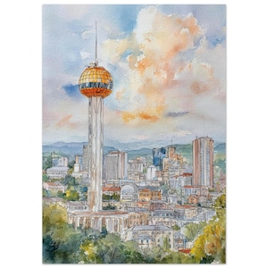 Puede incluir: Pintura a la acuarela de un paisaje urbano con una torre alta con un globo naranja y dorado en la parte superior. La obra representa un horizonte con varios edificios, árboles y un cielo colorido con nubes. El estilo recuerda a un cartel de viaje.