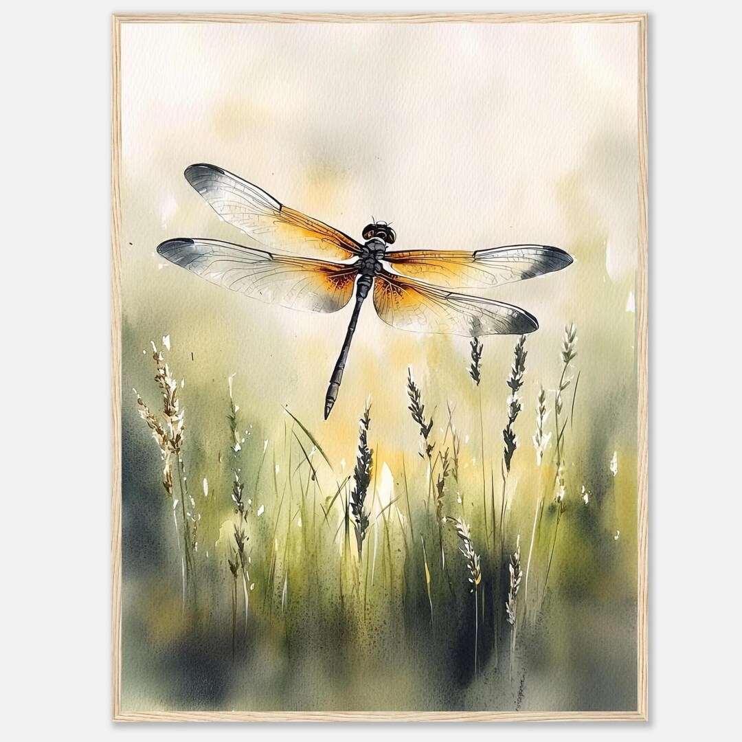 トンボの水彩画プリント：水彩画の昆虫の壁掛けアート、植物画、草原の