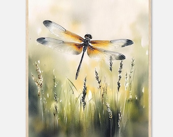 Dragonfly Watercolor Print: Watercolor Insect Wall Art, Botanical Artwork, Meadow Painting, Summer Decor