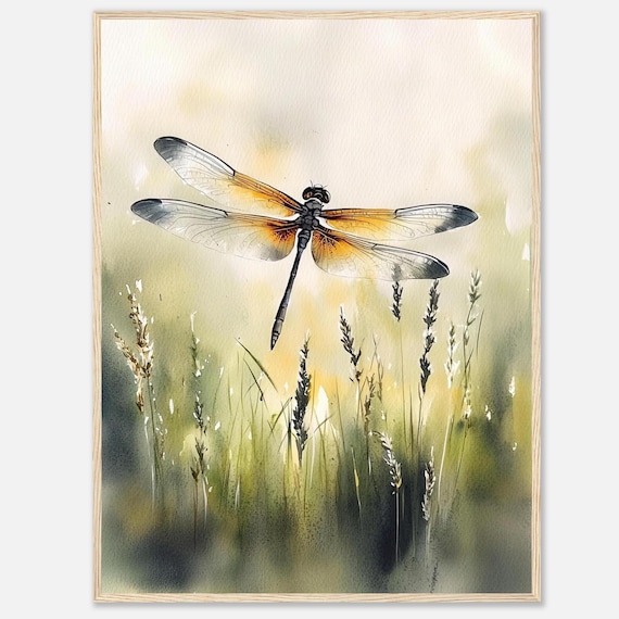 トンボの水彩画プリント：水彩画の昆虫の壁掛けアート、植物画、草原の