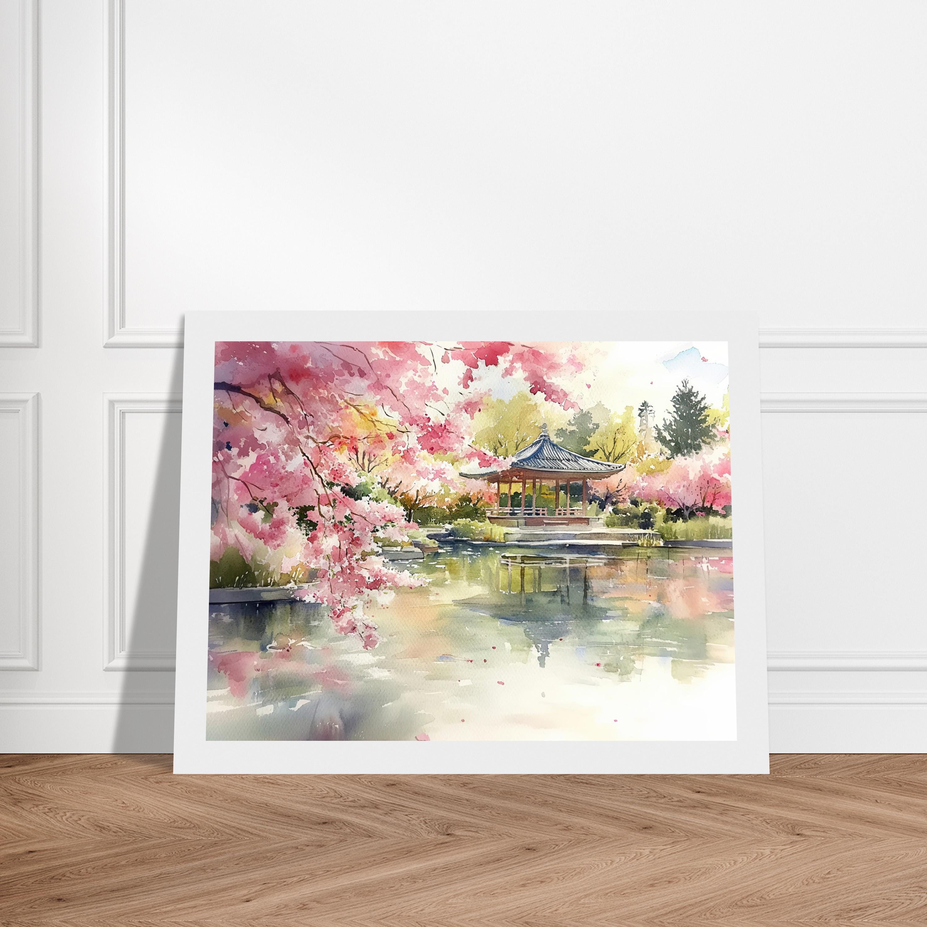 日本庭園の水彩画：桜と桜池の風景 - Etsy 日本