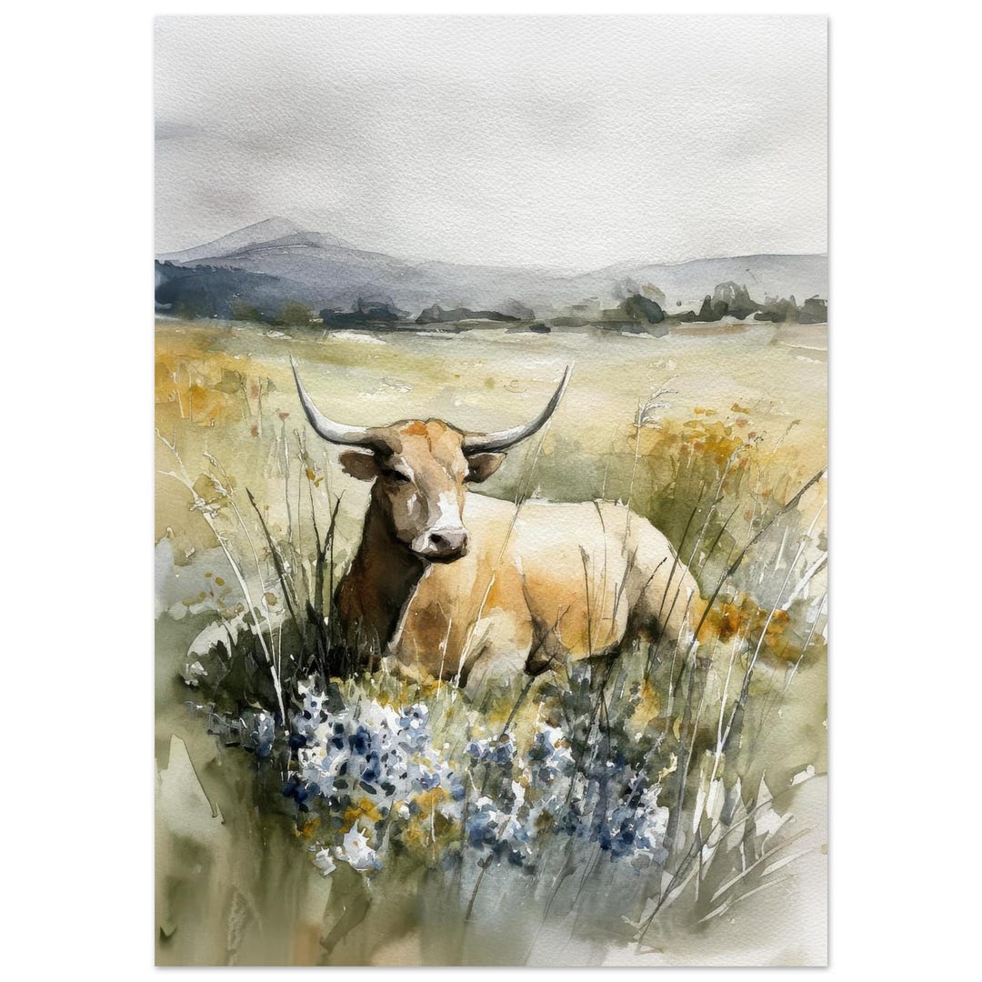 Texas Longhorn Watercolor Art Print: Rustic Western Cow & Bluebonnet ...