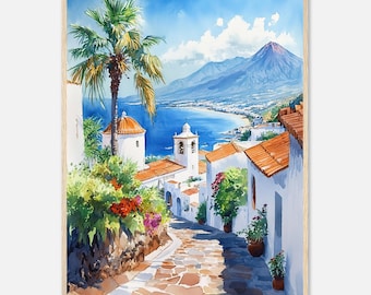 Tenerife Watercolor Painting Print Spain Coastal Village Teide Volcano Wall Art Print Canary Island Ocean Travel Artwork  by NataliaAyuArt