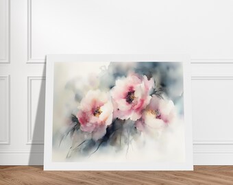ピンクの牡丹の水彩画プリント：柔らかな抽象的な花柄のウォールアート