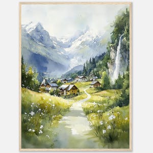 Grindelwald Aquarell Malerei Schweizer Dorf Landschaft Wand Kunst Druck Schweizer Alpen Bergblick Kunst Reise Poster von NataliaAyuArt