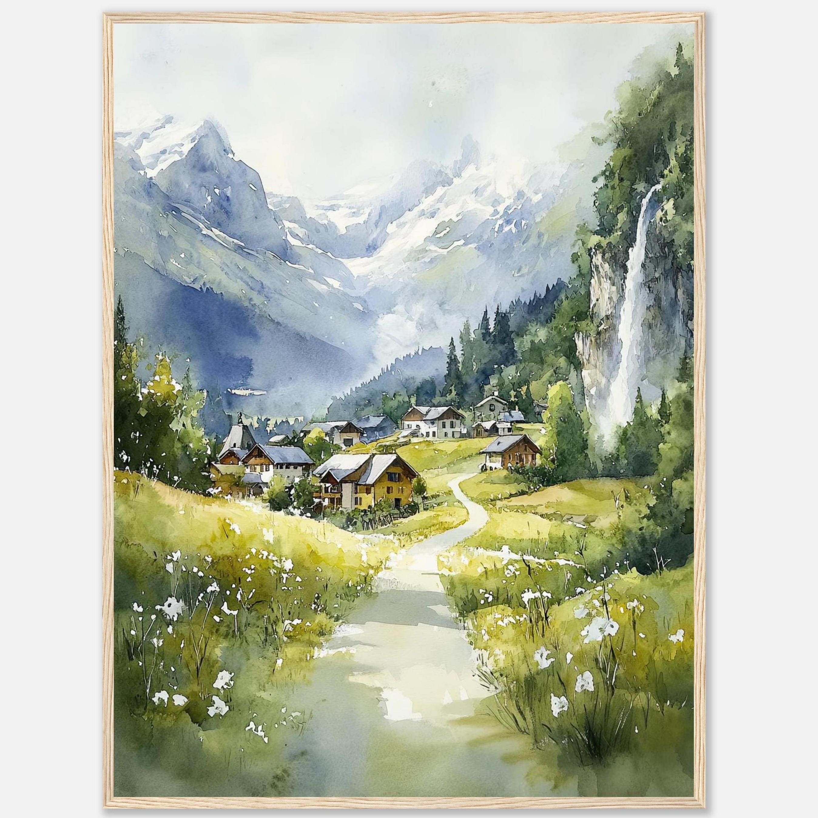 Grindelwald Swiss Alps Watercolor Painting: Swiss Village Landscape Art ...