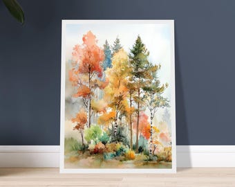 秋の森の水彩画：色鮮やかな秋の風景画アートプリント - Etsy 日本