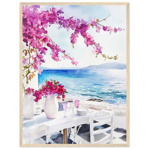 Mykonos Print: Bougainvillea Ocean View, Greece Watercolor Art