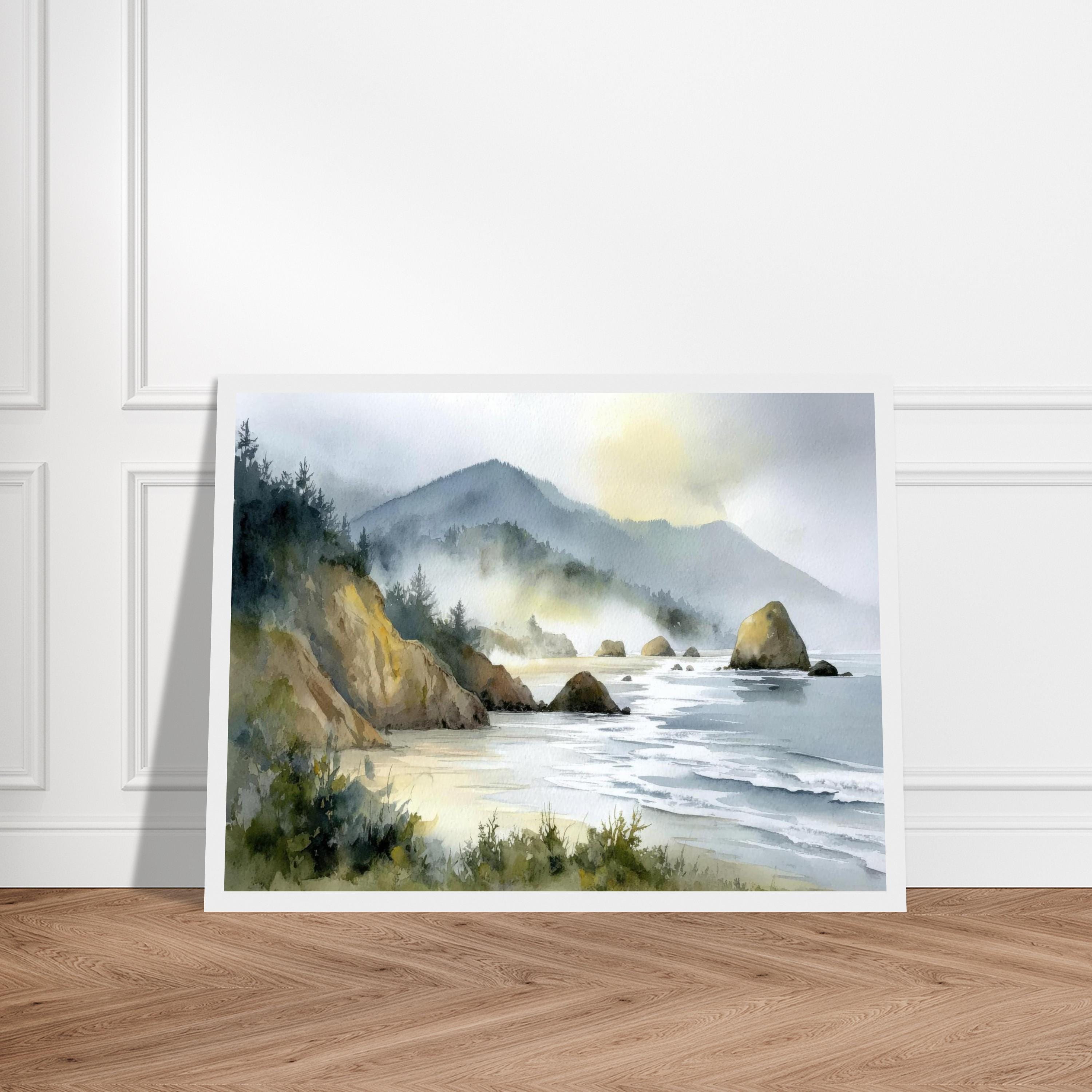水彩画「海岸の風景」 キャノンビーチの水彩画プリント：オレゴン海岸の風景壁掛けアート