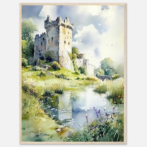 May include: Watercolor painting of a stone castle with a moat and a bridge. The castle is surrounded by green grass and trees. The sky is blue with white clouds.