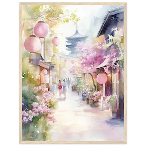 東京の桜の水彩画プリント 提灯 桜通りと塔 ウォールアートプリント 日本の自然風景 キャンバス ナタリアアユアート
