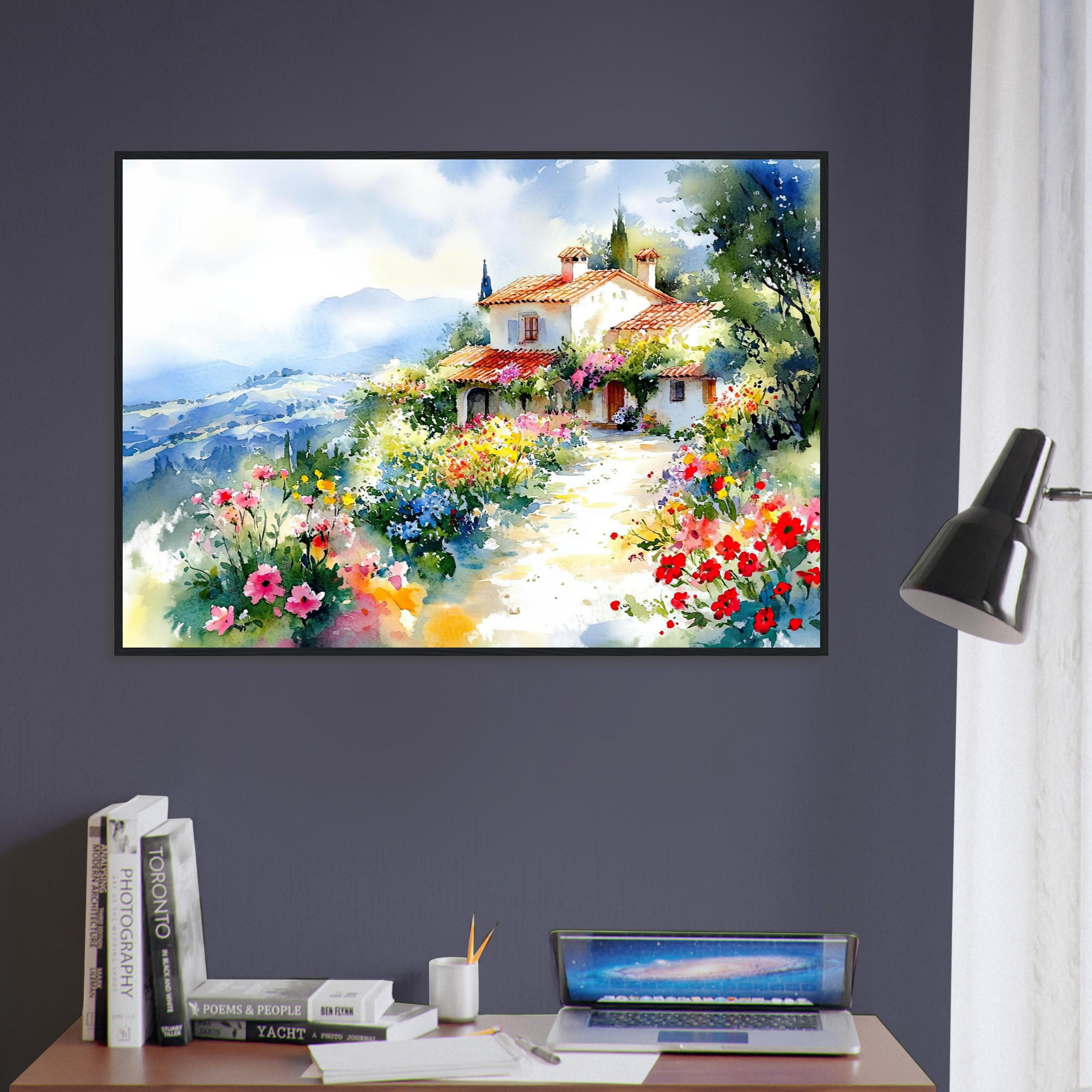 トスカーナの田園風景を描いた水彩画プリント：素朴なイタリアの村の