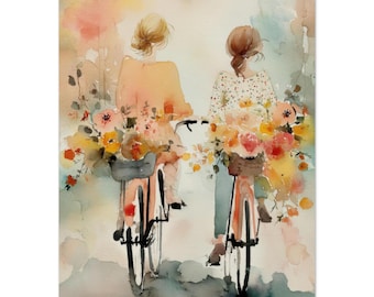 Blumen Fahrrad Fahrt Aquarell Print: Pastell impressionistische Kunst