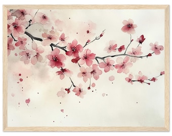 May include: A watercolor painting of a delicate branch of pink cherry blossoms with a light pink background. The painting features a soft, romantic style with subtle details.