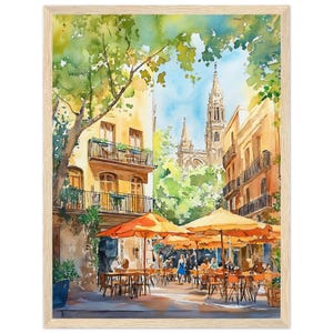 Impresión de acuarela de la ciudad vieja de Barcelona Impresión de arte mural con vista a la calle de un café español Póster de viaje a España Café español soleado de NataliaAyuArt