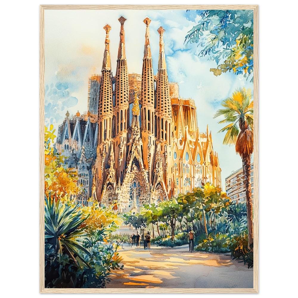 サグラダ・ファミリア水彩画プリント：バルセロナ、スペインのアート